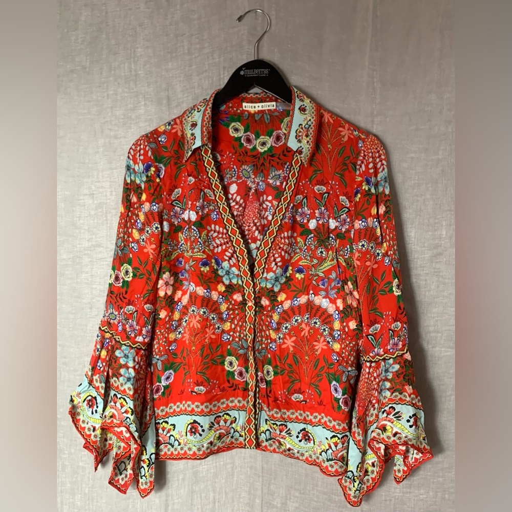 Alice + Olivia Randa Trumpet Sleeve Blouse Wildflower Bright Poppy Red S View 3